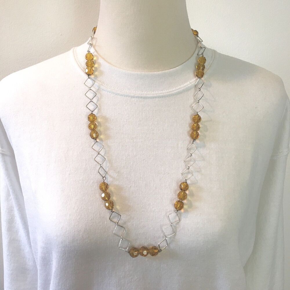 Square Link Necklace 30in Silver Tone Chain Amber Glass Yellow Beaded